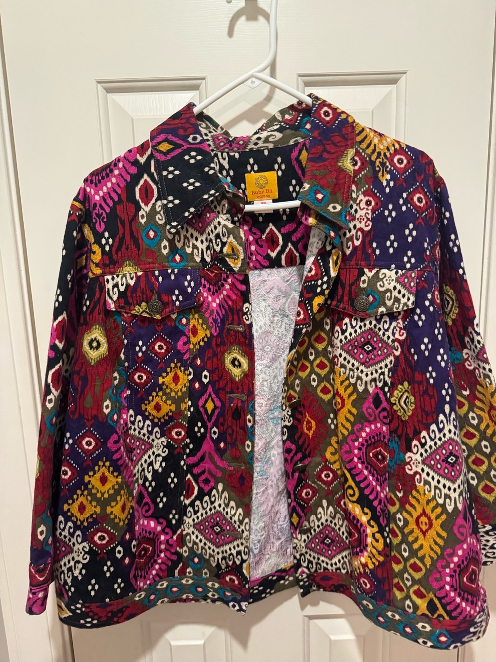 Ruby Rd. Multicolor Patterned Jean Jacket with Pink, Purple & Yellow Accents